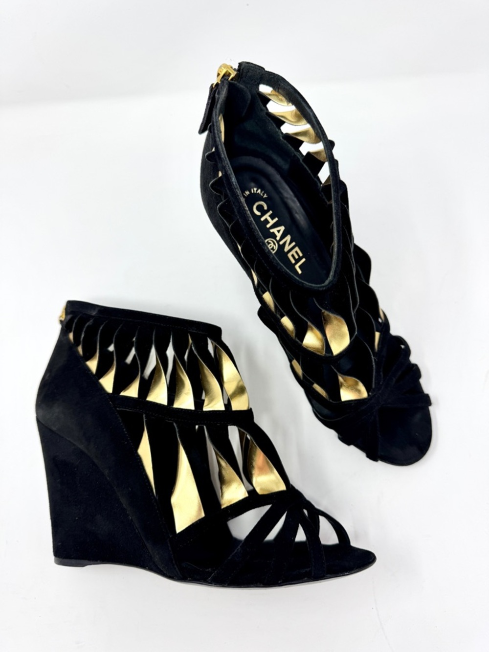 Chanel 2010 Resort Black Suede & Gold Cutout Twist Wedge Sandals